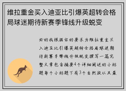 维拉重金买入迪亚比引爆英超转会格局球迷期待新赛季锋线升级蜕变